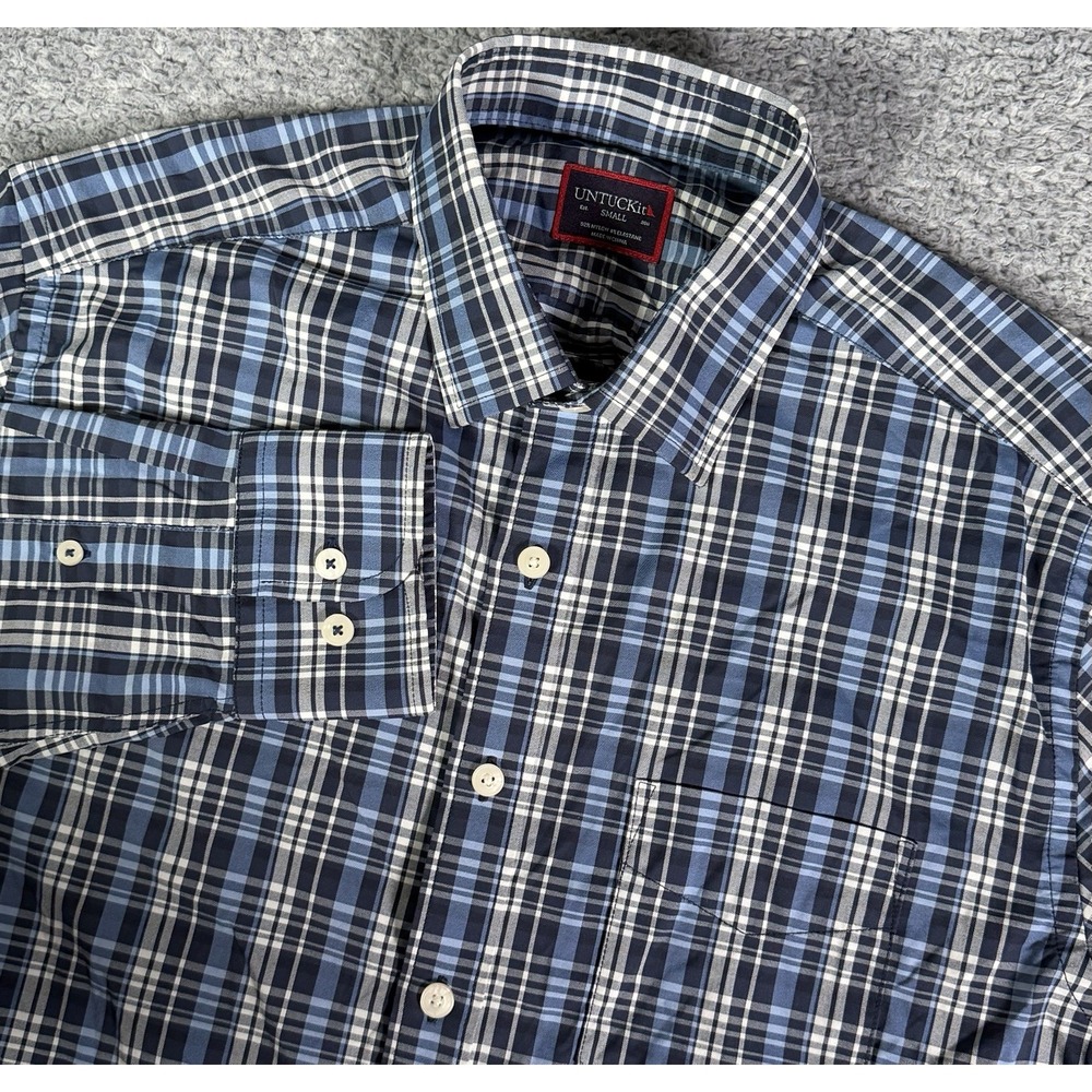 UNTUCKit Shirt Mens Small Blue Plaid Long Sleeve Button Up Nylon Stretch Preppy